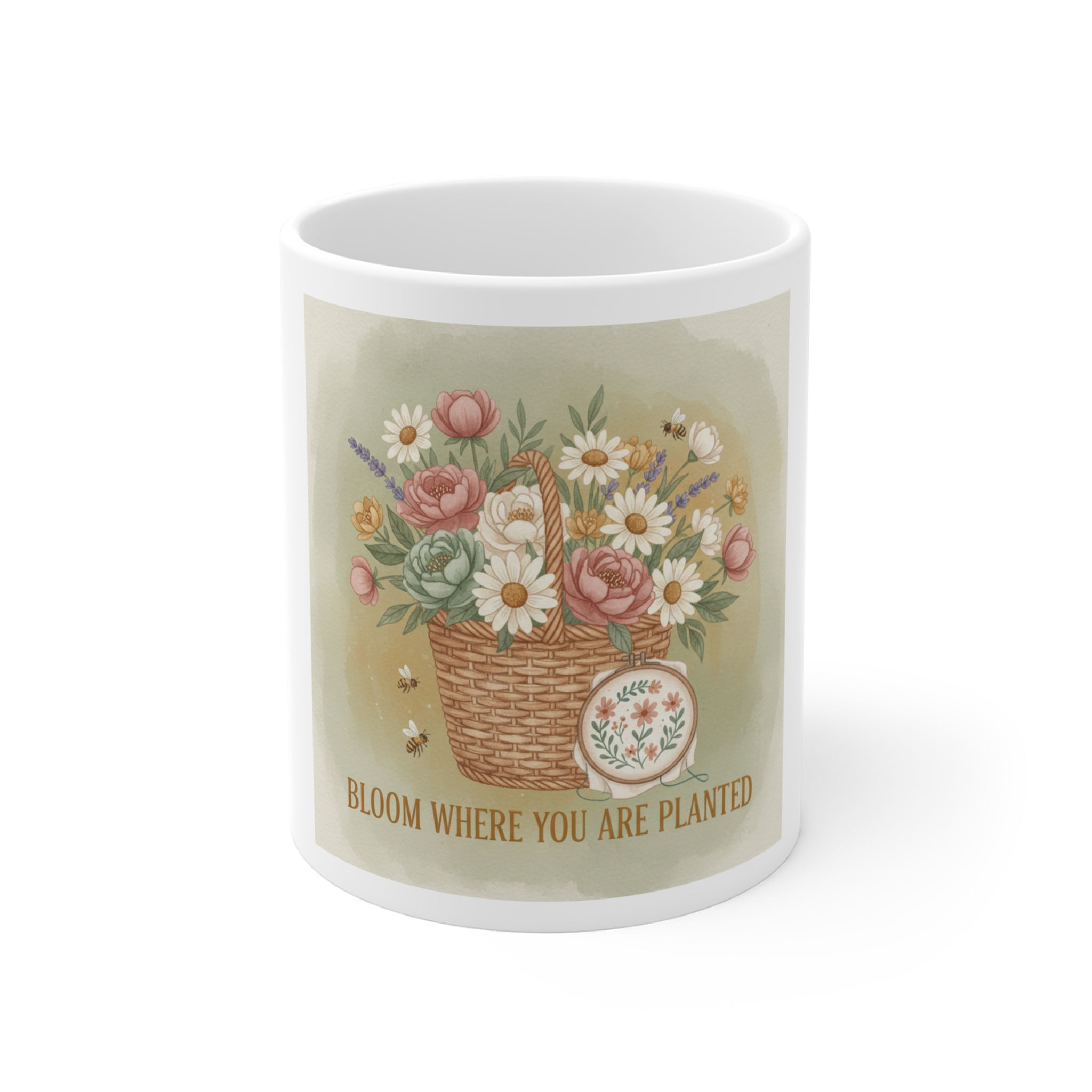 Wicker Basket Overflowing With Mug 11oz – Bloom Where You Are Planted