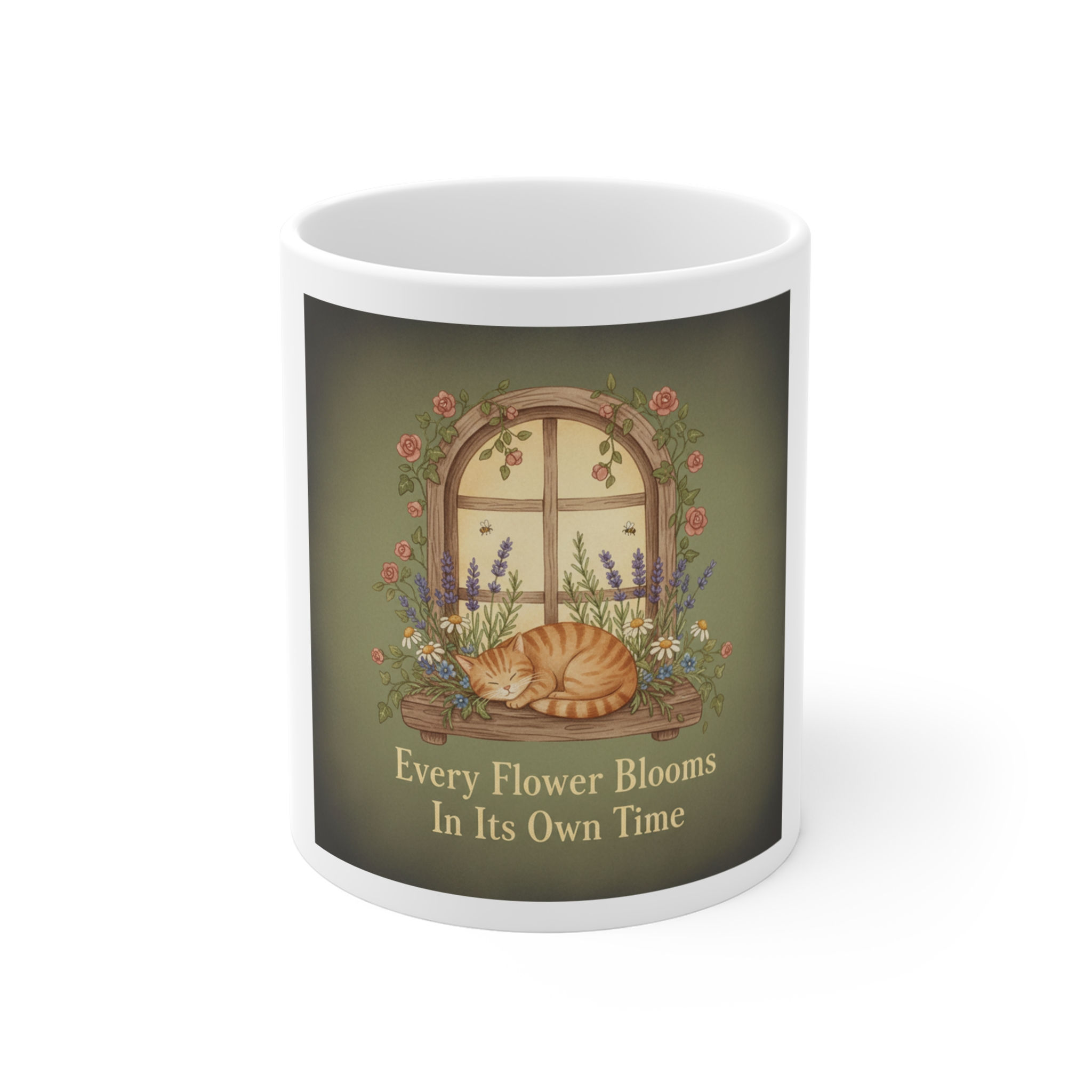 Tabby Cat Mug 11oz – Every Flower Blooms in Its Own Time