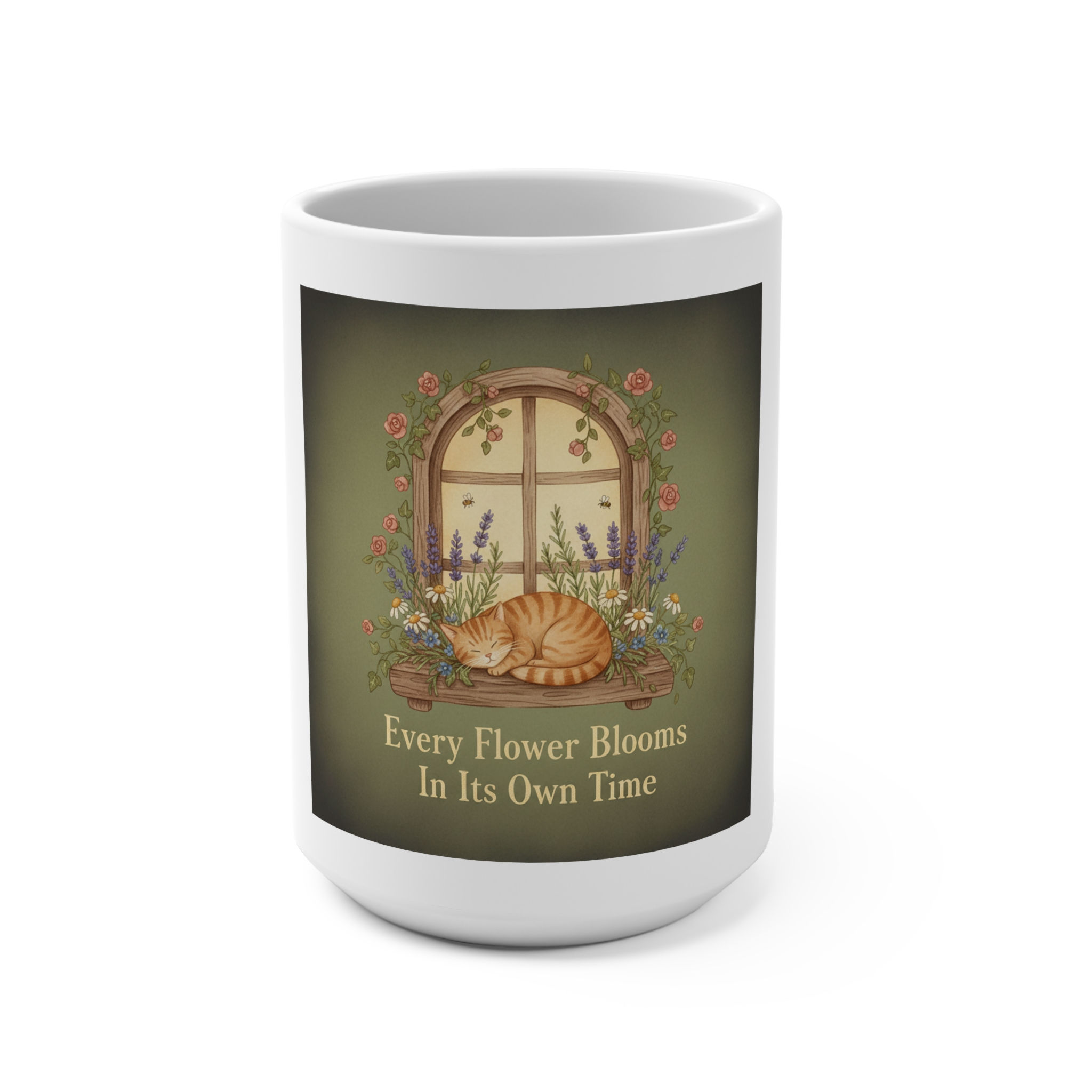 Tabby Cat Mug 15oz – Every Flower Blooms in Its Own Time