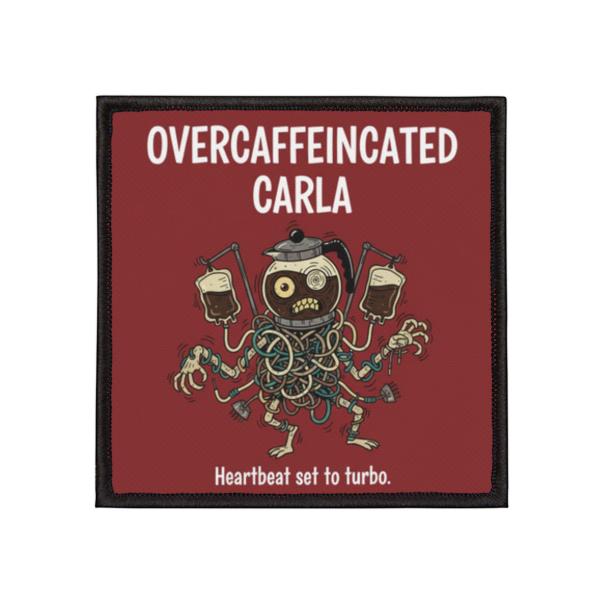 Overcaffeinated Carla Iron-On Patch – Heartbeat Set to Turbo