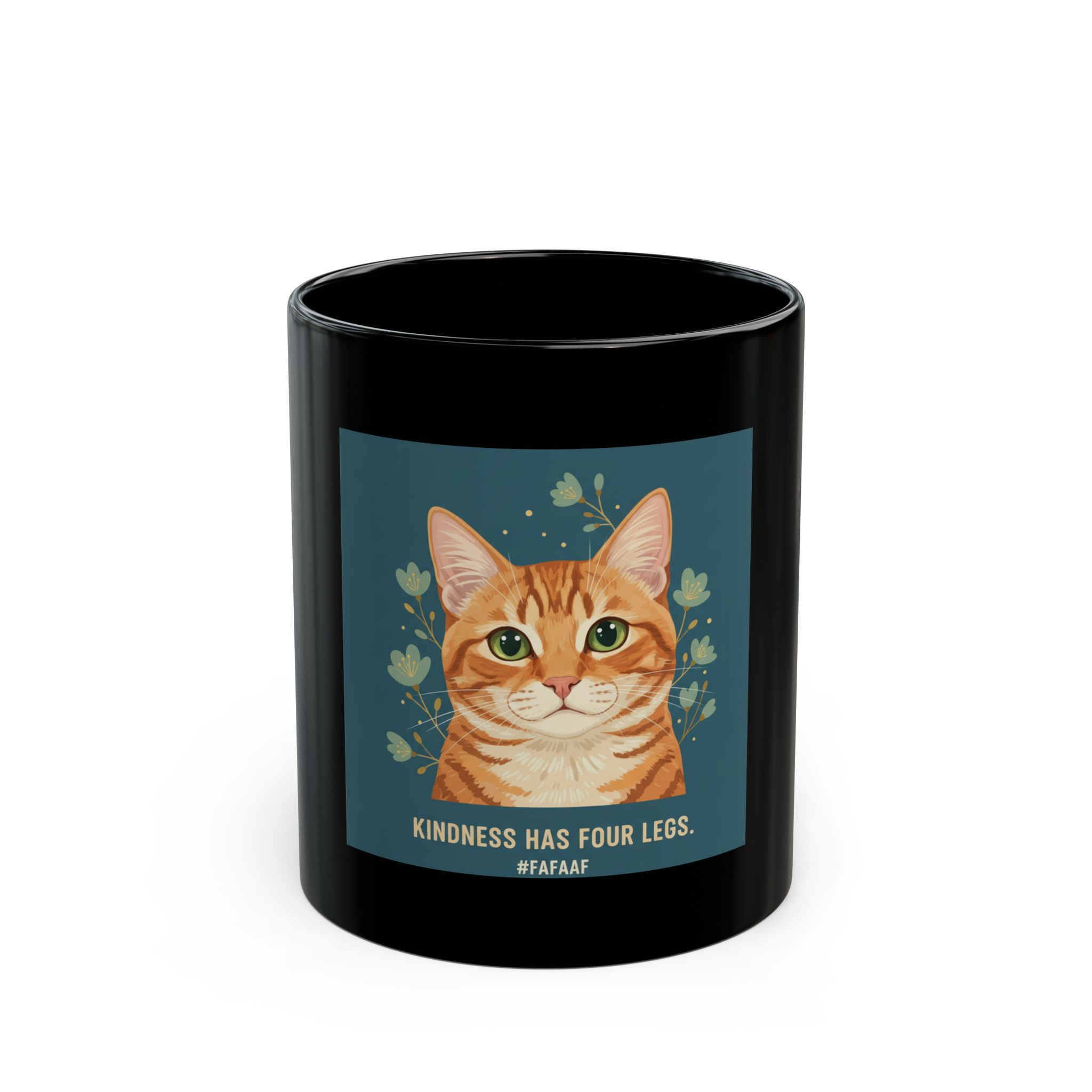 Cat Black Mug 11oz – Kindness Has Four Legs Fafaaf