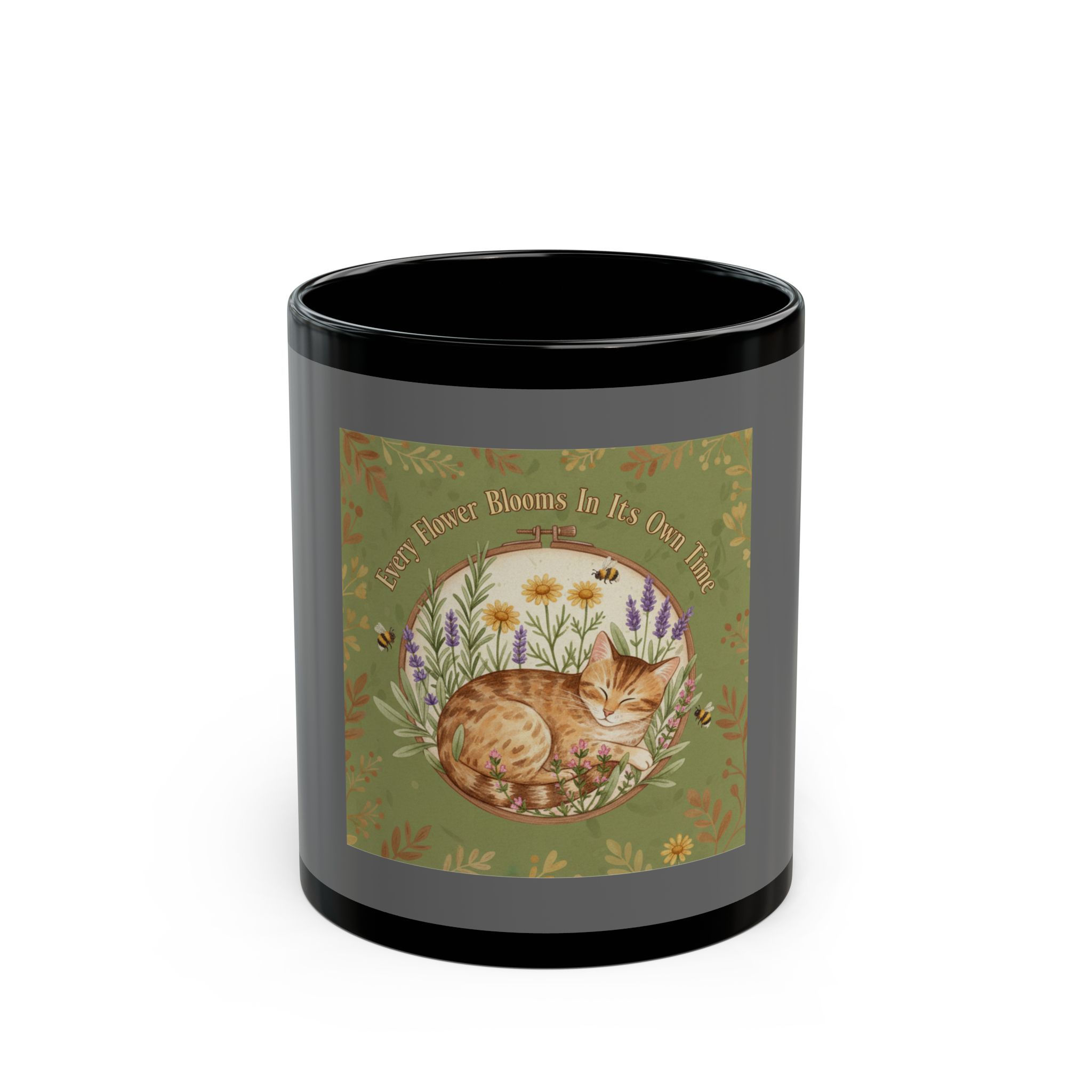 Tabby Cat Black Mug 11oz – Every Flower Blooms in Its Own Time