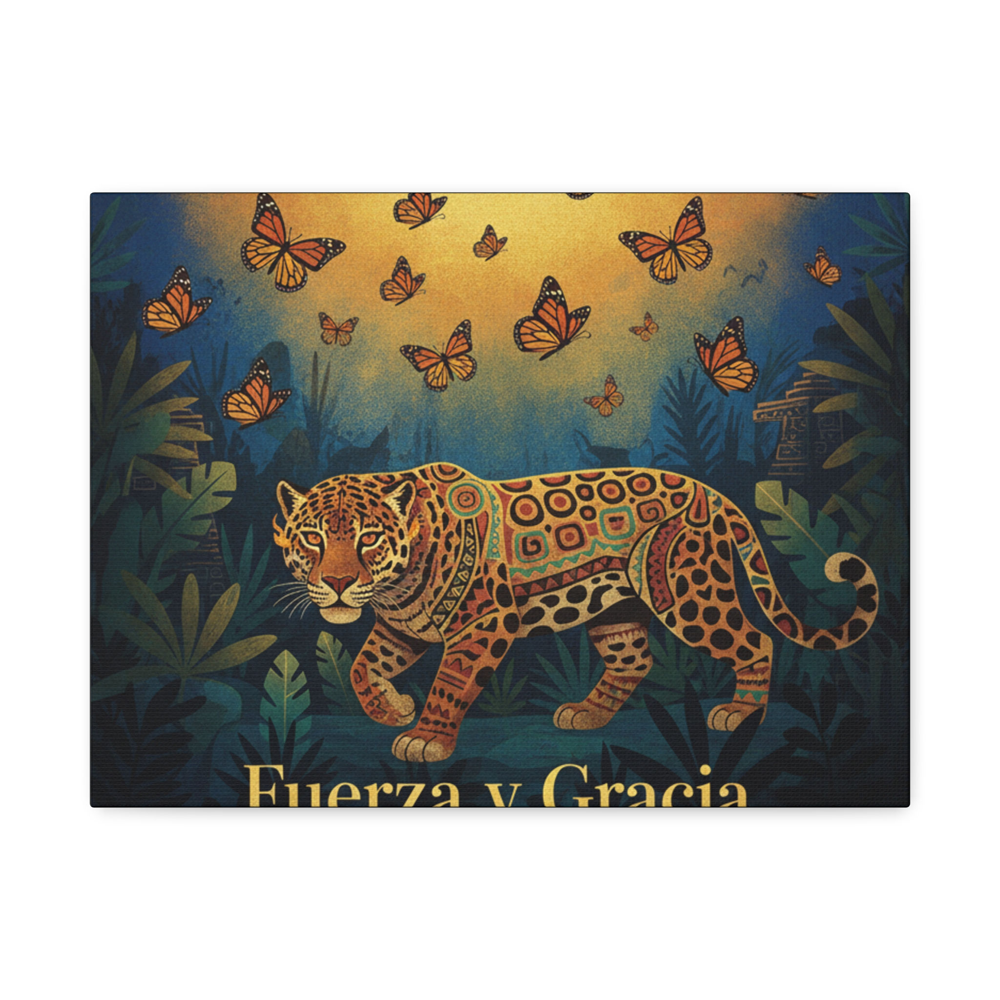 Jaguar And Monarch Butterflies Canvas Print – Fuerza y Gracia