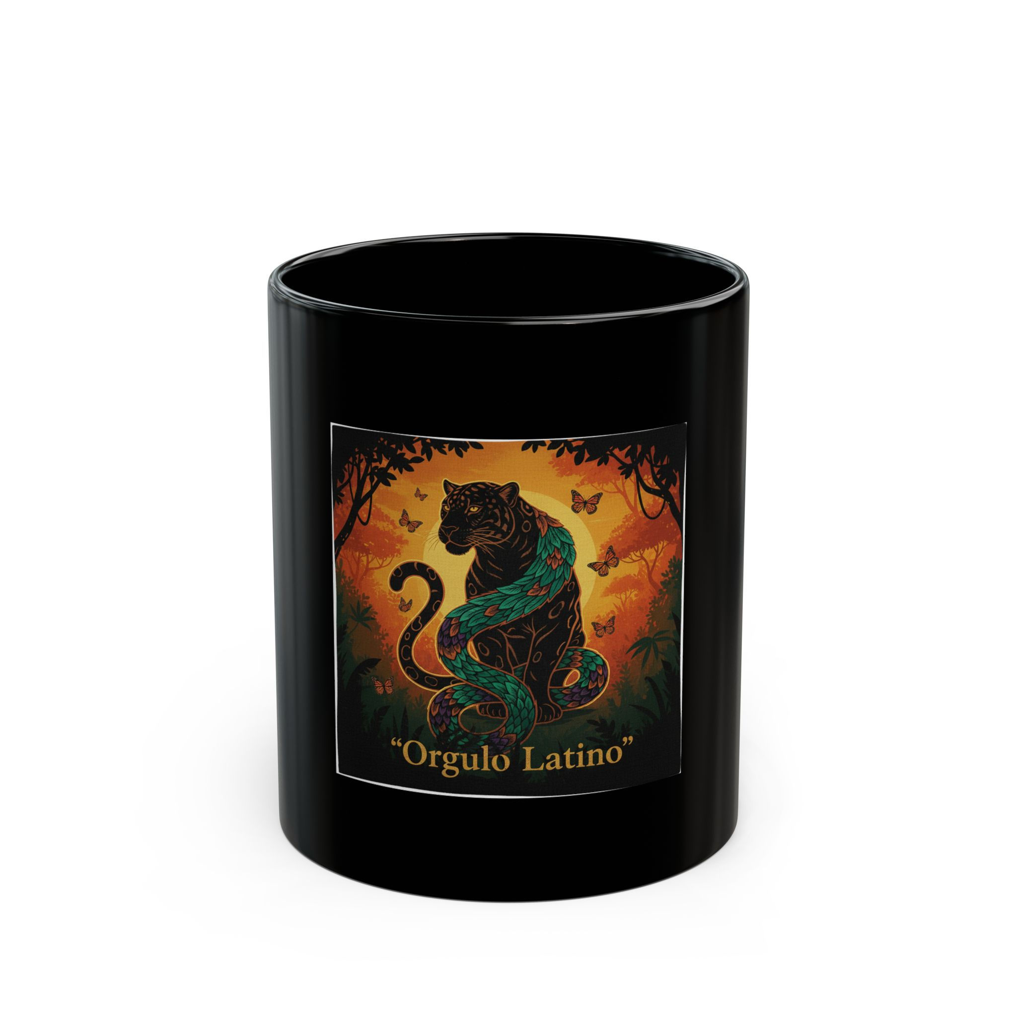 Jaguar With Feathered Serpent Black Mug 11oz – Orgullo Latino
