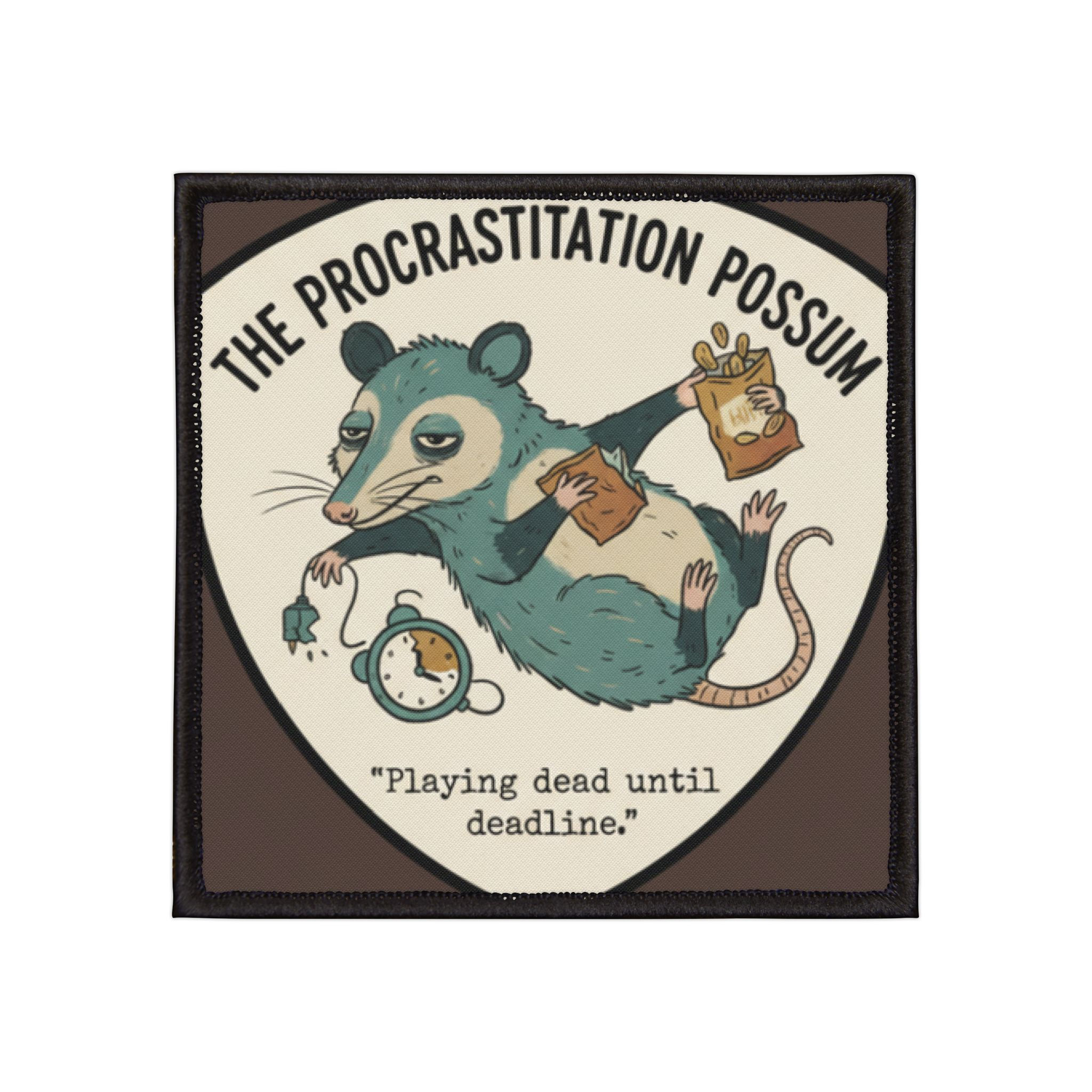 Procrastination Possum Iron-On Patch – Playing Dead Until Deadline