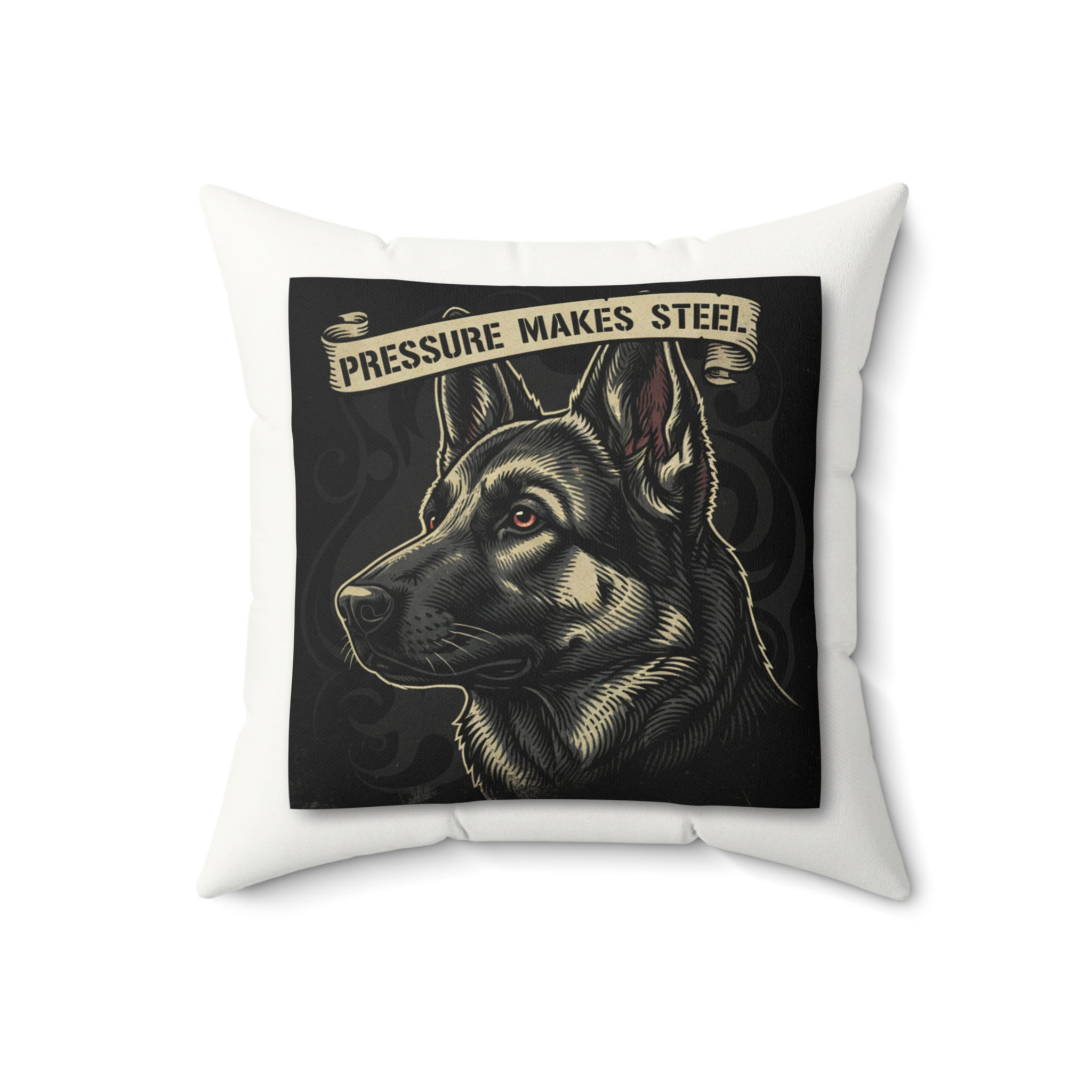 Dog Square Pillow – Pressure Makes Steel