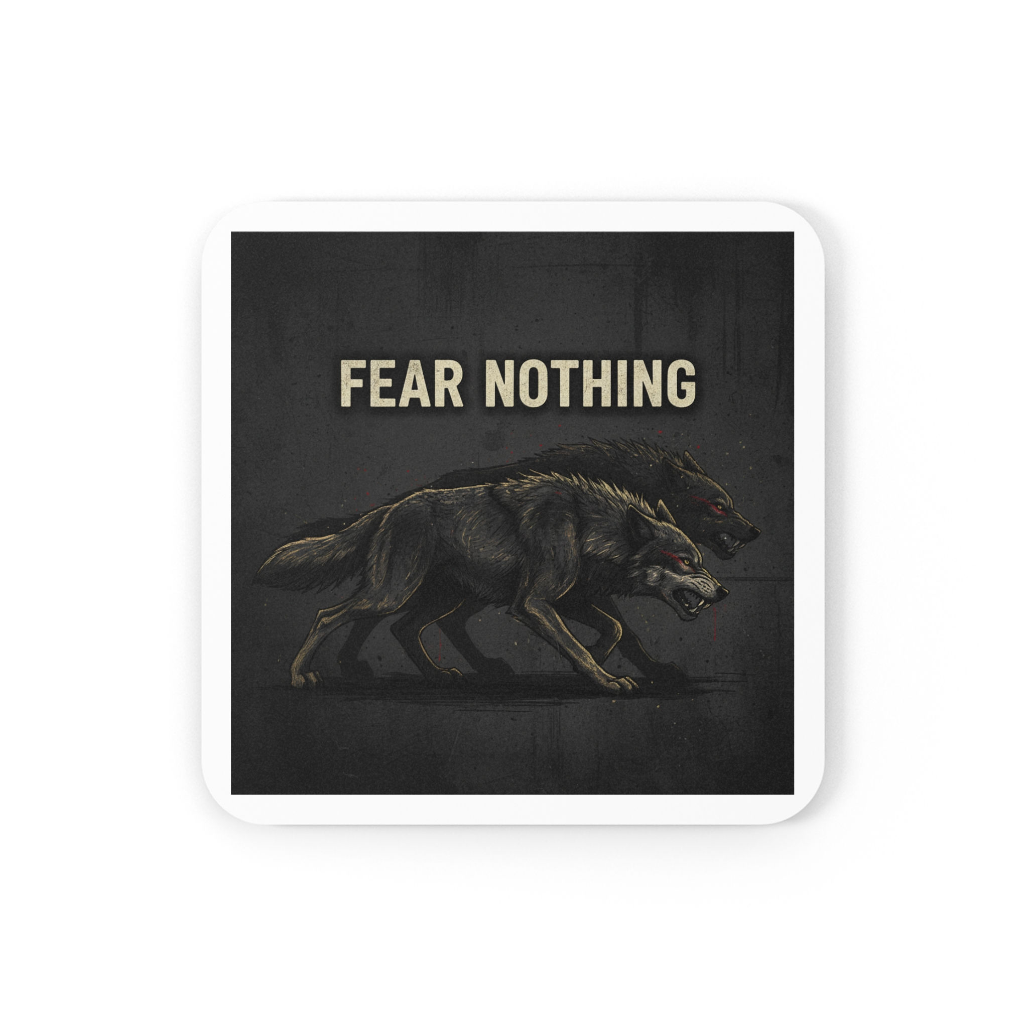 Two Wolves Cork Coaster – Fear Nothing