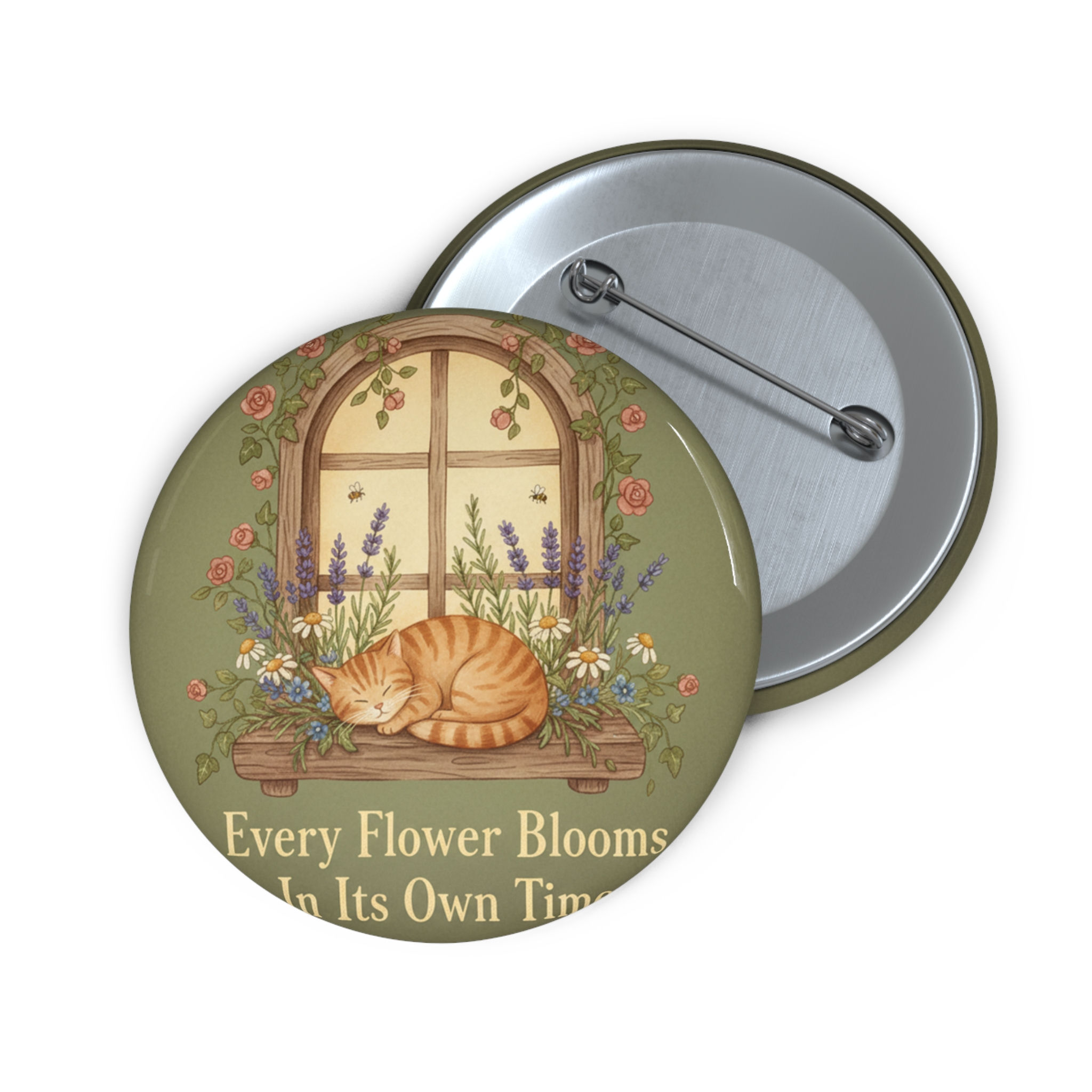 Tabby Cat Pin Button – Every Flower Blooms in Its Own Time