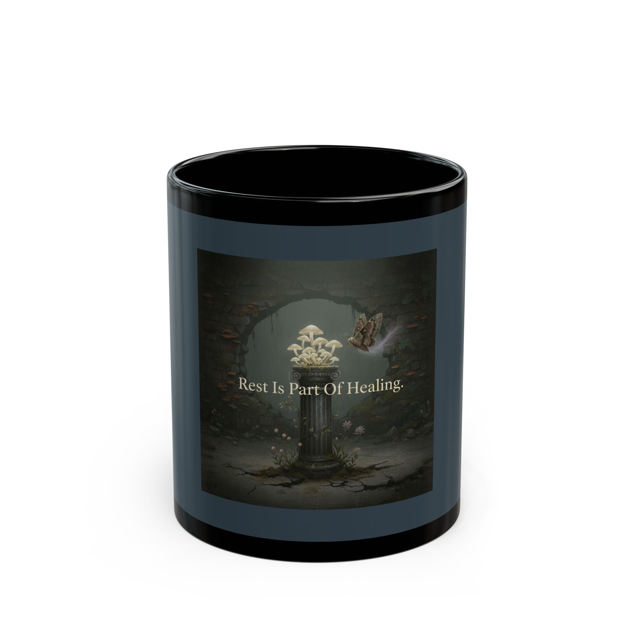 Moth Black Mug 11oz – Rest is Part of Healing
