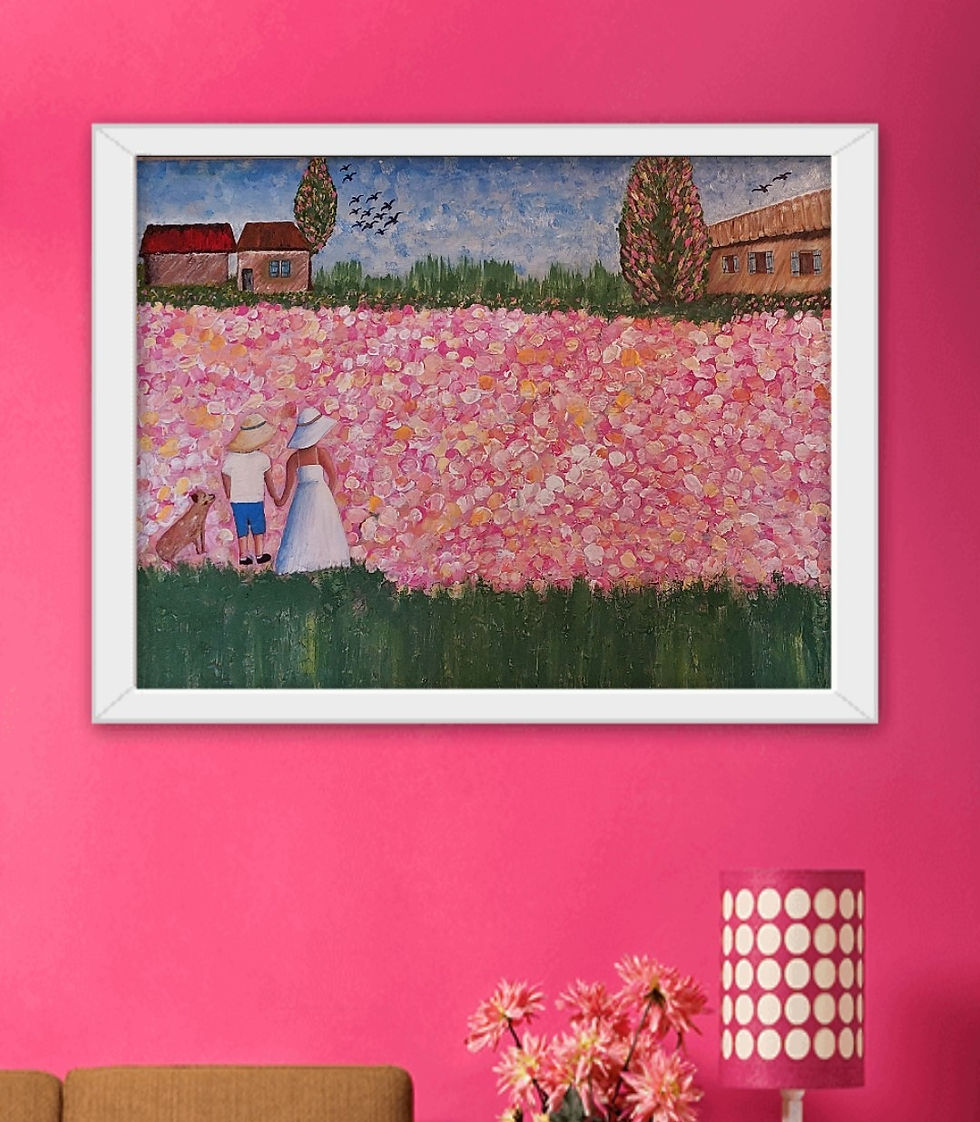 תמונה ממוזערת: ציור של כפר נוסטלגי עם פריחה ורודה