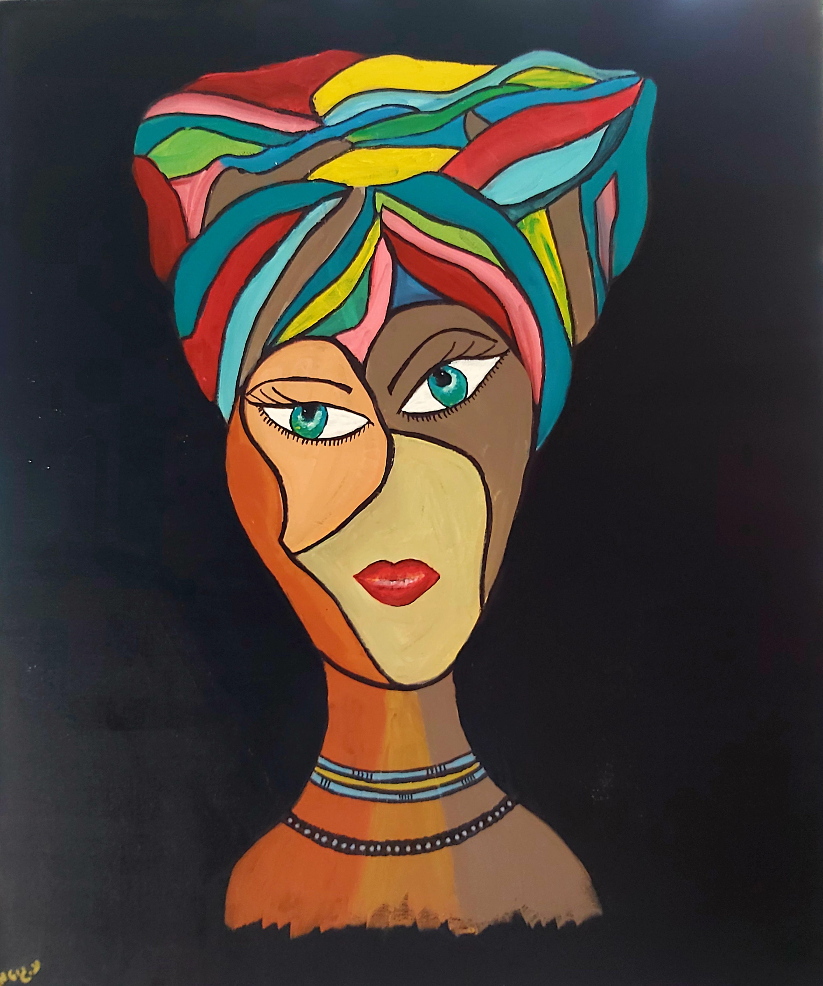 אישה  במטפחת צבעונית על הראש