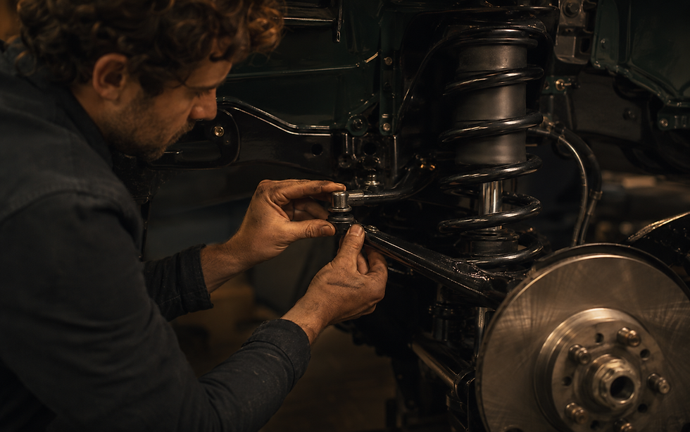 Mechanic working on a car's suspension and coil spring.