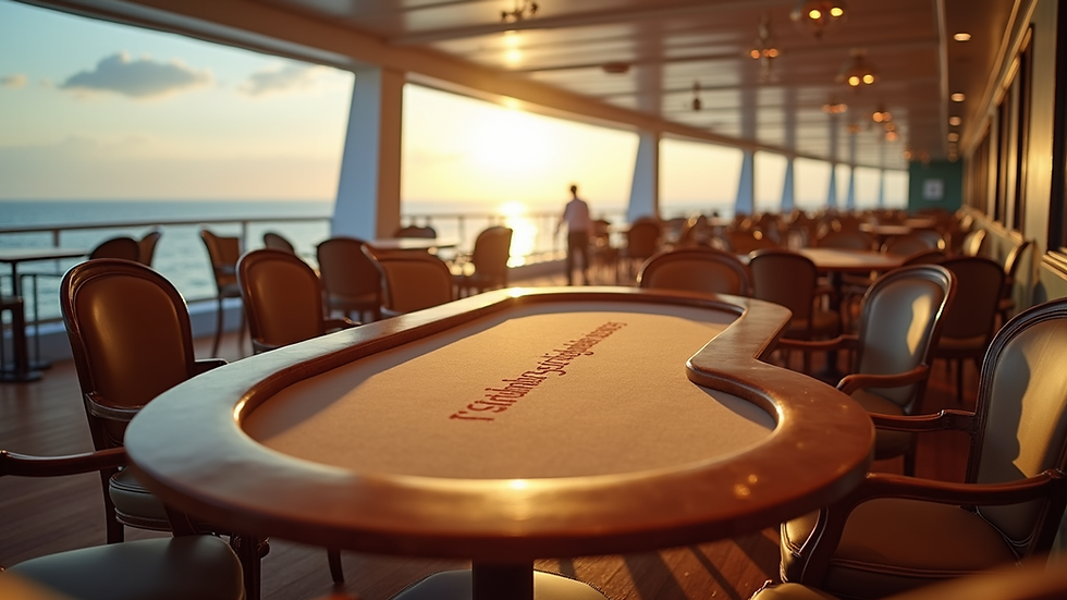 Eye-level view of a cruise ship deck with tables set for bridge games