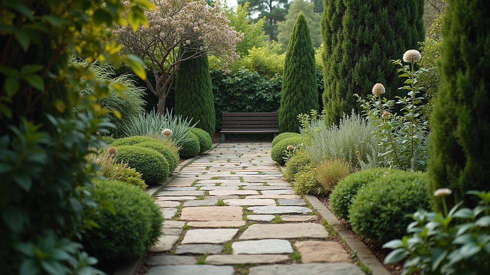 High angle view of a quiet garden with a stone path