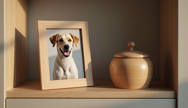Eye-level view of a handcrafted wooden frame holding a pet photo next to a wooden urn on a memory shelf