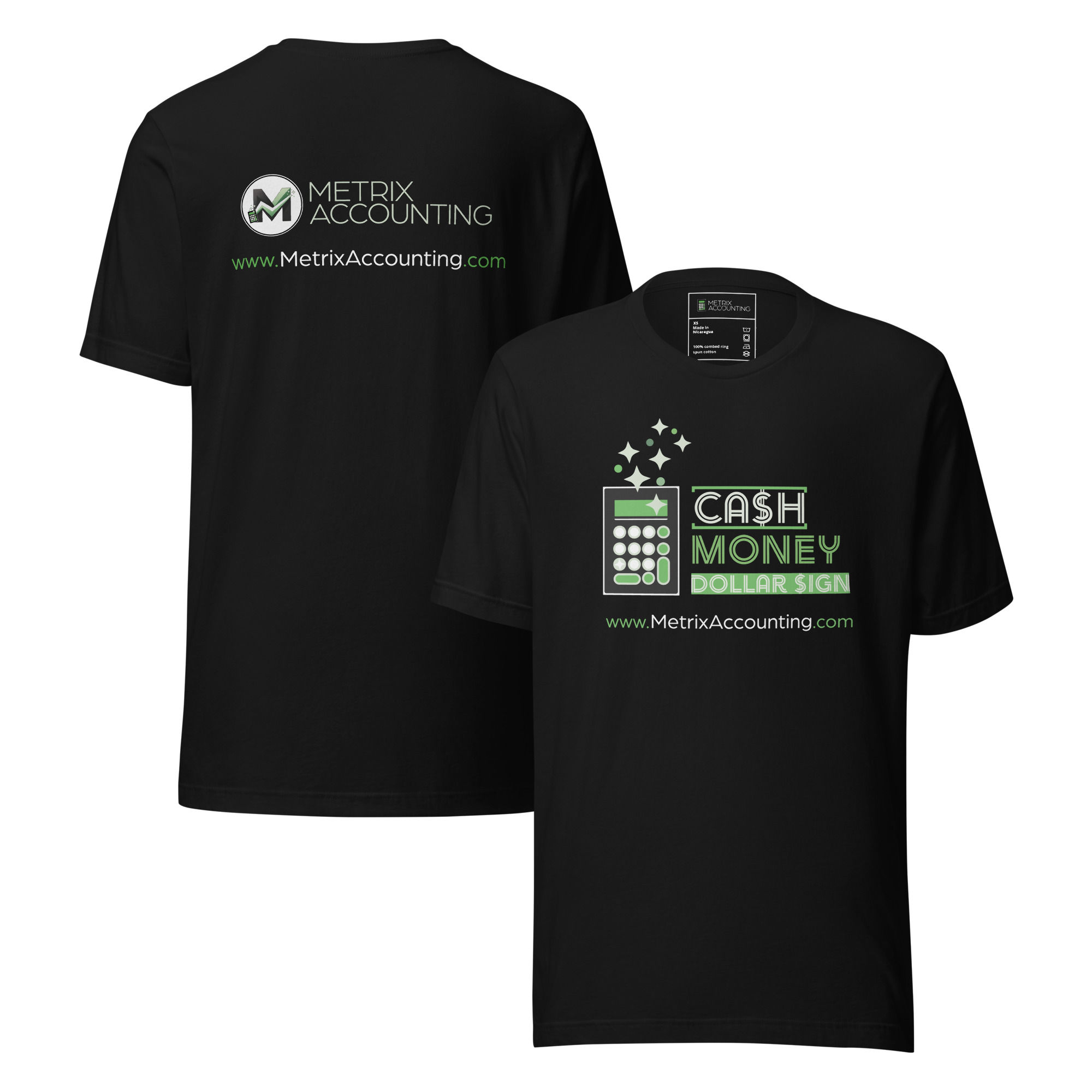Black t-shirt with text, Cash money dollar sign and website