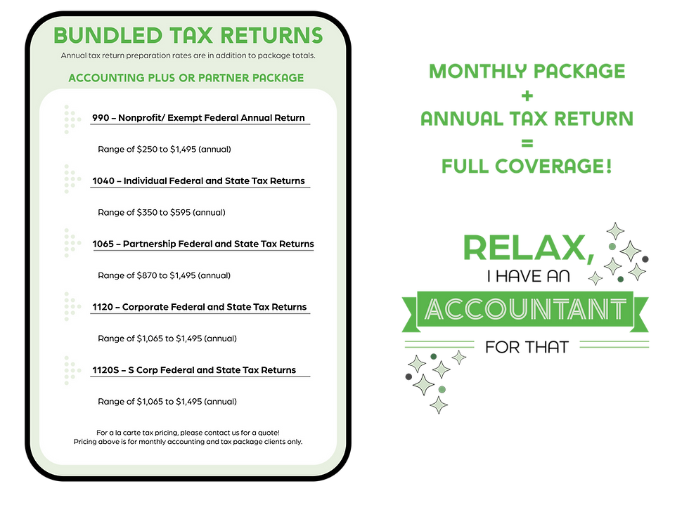 List of bundles with tax returns. Contact us for more information!