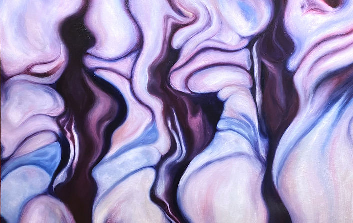An original oil painting by Charlotte Mitchell featuring distorted figures in high contrast dark purples and light pinks. 