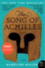 Book cover of "The Song of Achilles" by Madeline Miller. Features a bronze helmet on a blue patterned background. Includes reviews and awards.