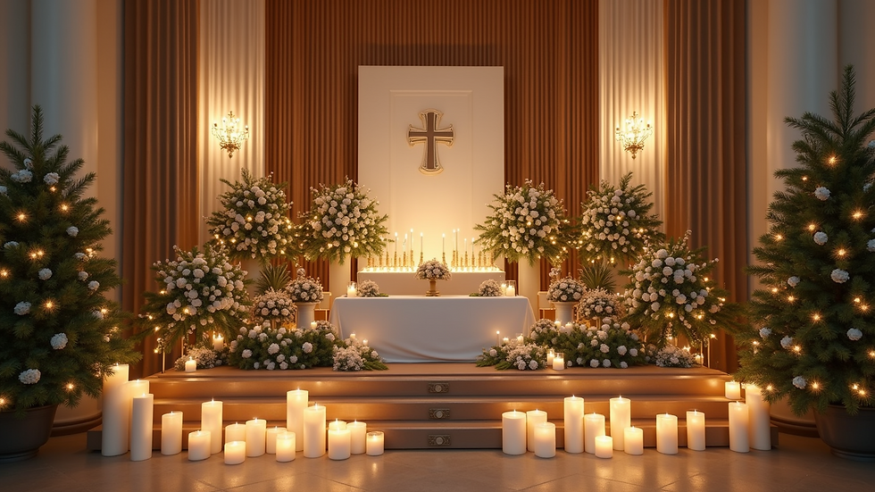 Close-up view of a beautifully arranged wedding altar decorated with holiday elements