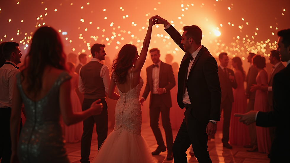 High angle view of a lively wedding reception with guests dancing