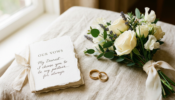 Close-up view of two wedding rings beside a vow booklet and small bouquet.