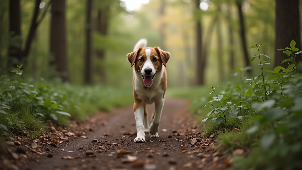 Eye-level view of a dog walking on a forest trail