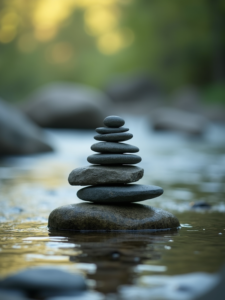Stacked river stones in clear peaceful water