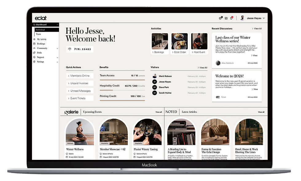 Eclat Dashboard web interface with member greeting and Galerie events