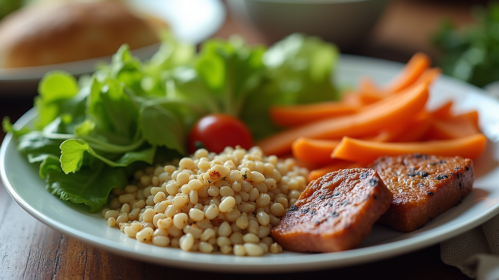 Close-up view of a balanced meal with vegetables, grains, and protein