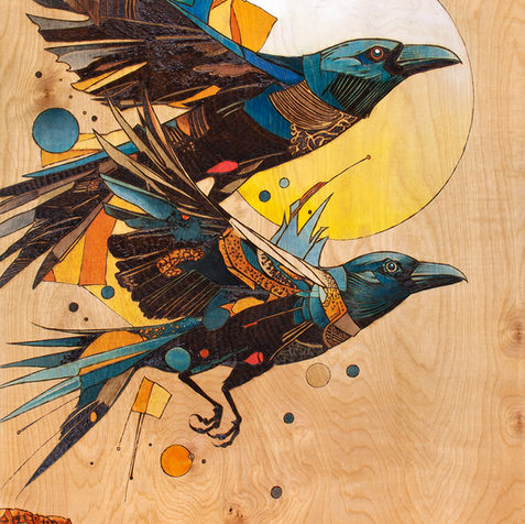 Two dark crows fly across a tall composition of circular forms and golden desert bands.
