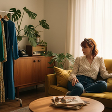 Vintage-inspired living room with retro fashion outfit