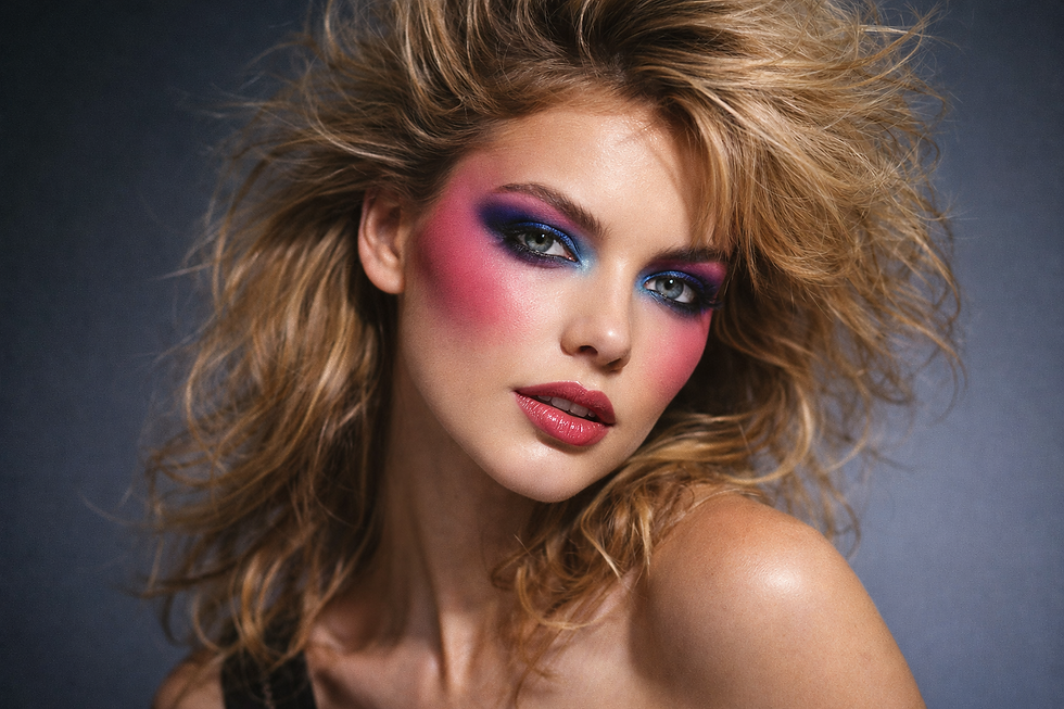 Close-up of a person with vibrant 80s makeup in pink and blue, tousled blond hair, against a grey background, expressing confidence.