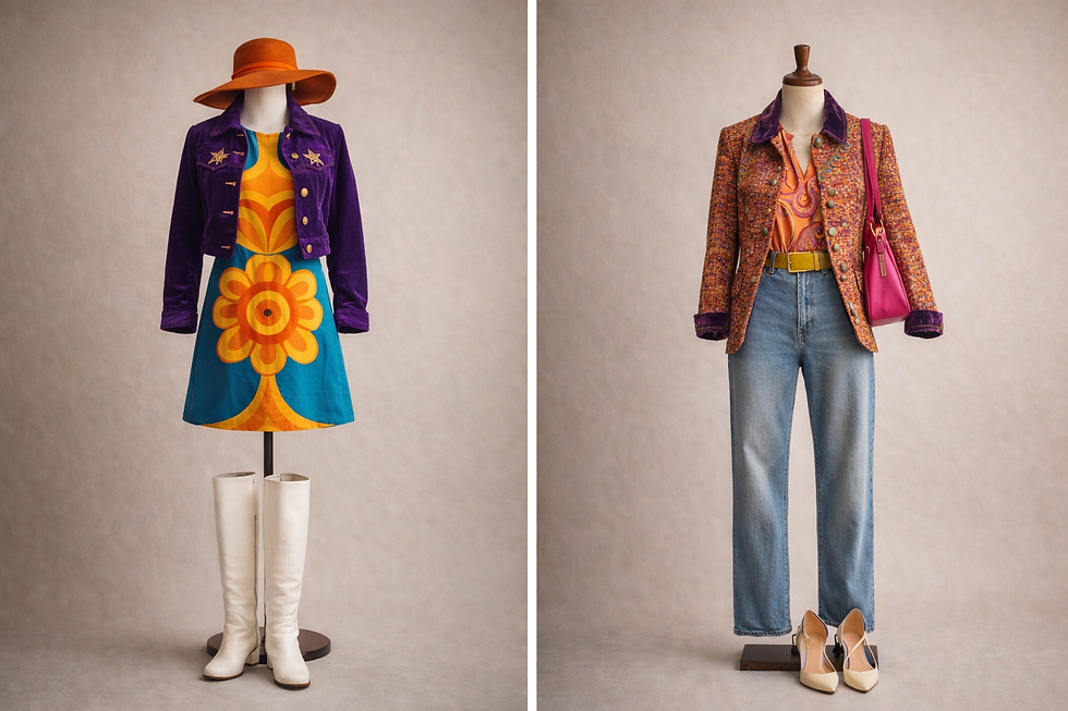Two mannequins with vibrant retro outfits: left in floral dress, purple jacket, orange hat, white boots; right in jeans, printed top, pink bag.