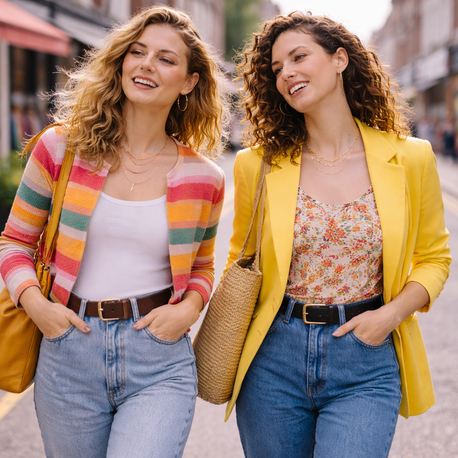 Two women with curly hair walk on a city street, smiling. One wears a colourful striped sweater, the other a yellow blazer. Casual, sunny day.
