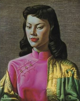 Vladimir Tretchikoff's portrait Miss Wong showing his dramatic use of colour, luminous skin tones and simplified background.