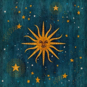 90s celestial aesthetic. Sun with a face and radiating rays, surrounded by stars and shooting stars on a deep blue background. Celestial and mystical mood.