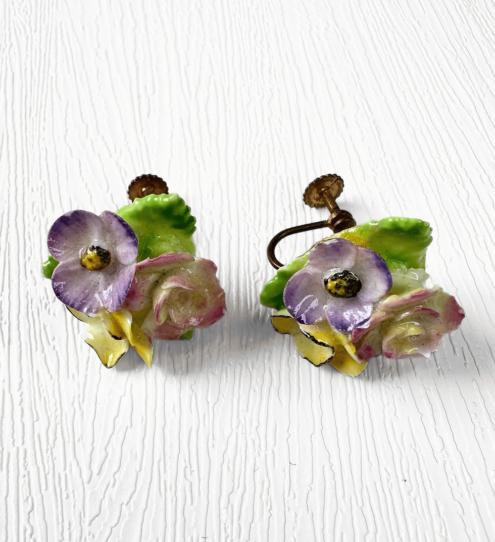 Pair of vintage Dresden porcelain flower earrings with purple pink yellow and green detailing