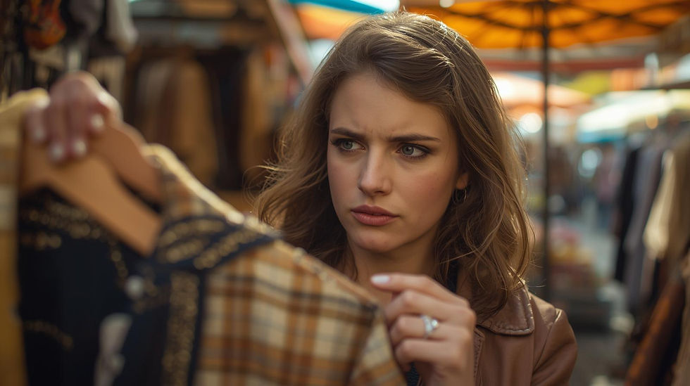 Woman examines a plaid shirt in an outdoor market with a thoughtful expression. Warm lighting; blurred, colorful background.