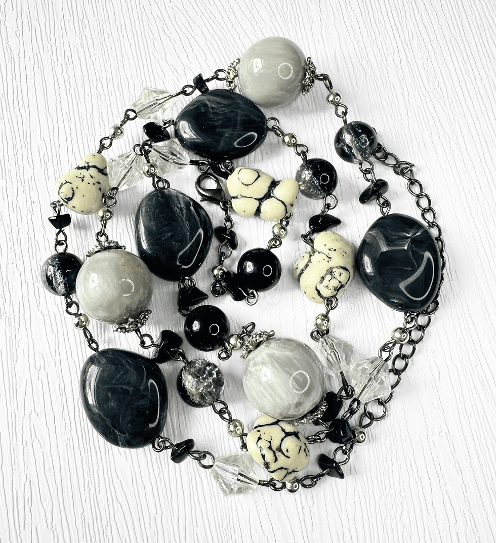 Vintage long black white and grey multi bead necklace with mixed stone effect beads