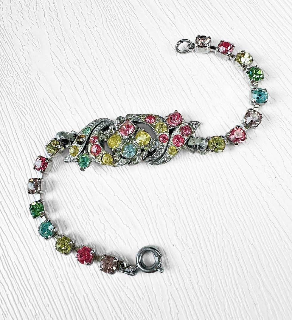 Vintage multicoloured rhinestone bracelet with ornate floral centrepiece