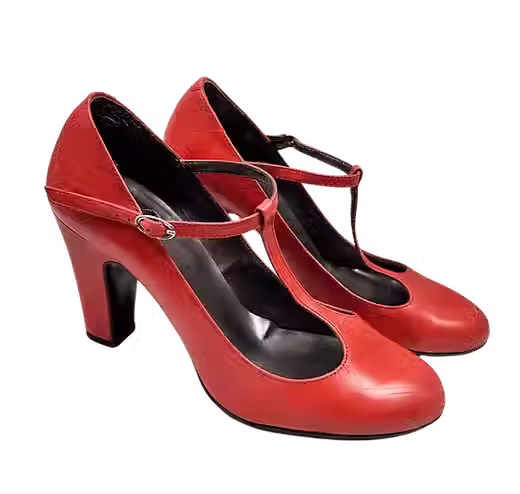 Red 1920s style T-bar shoes with rounded toes