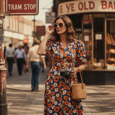 Woman wearing vintage dress on city street