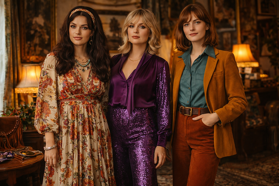 Three women pose indoors. One wears a 70s floral dress, another in purple sequins, and the third in a 70s mustard blazer. Warm lighting. Vintage decor.