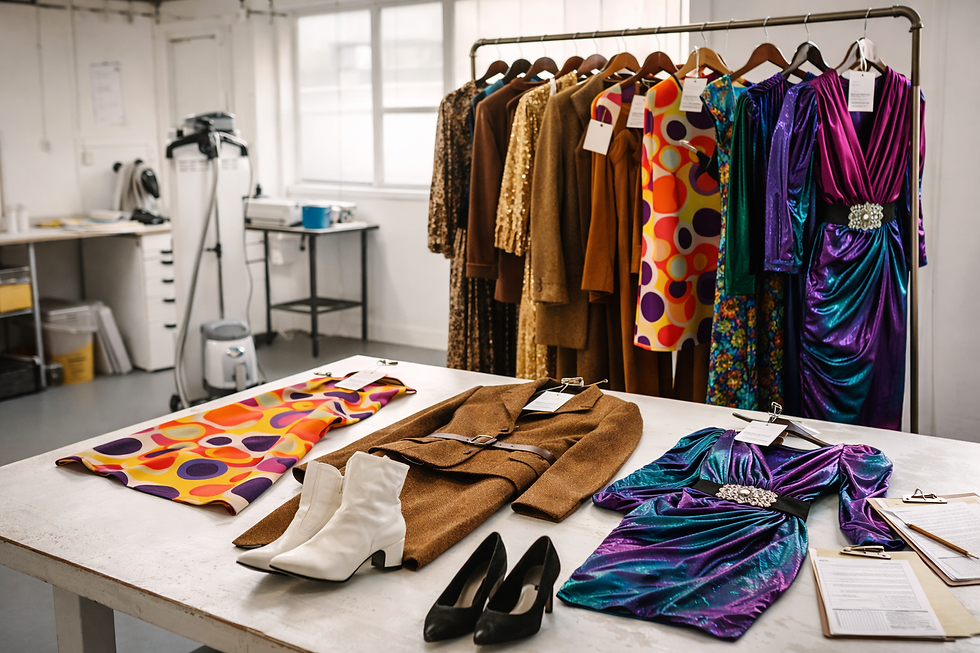 Fashion studio with vibrant and retro dresses on hangers and table. Colourful patterns, white boots, and black heels in a bright room.
