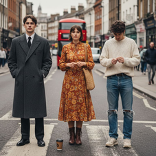 Group wearing vintage fashion on London street