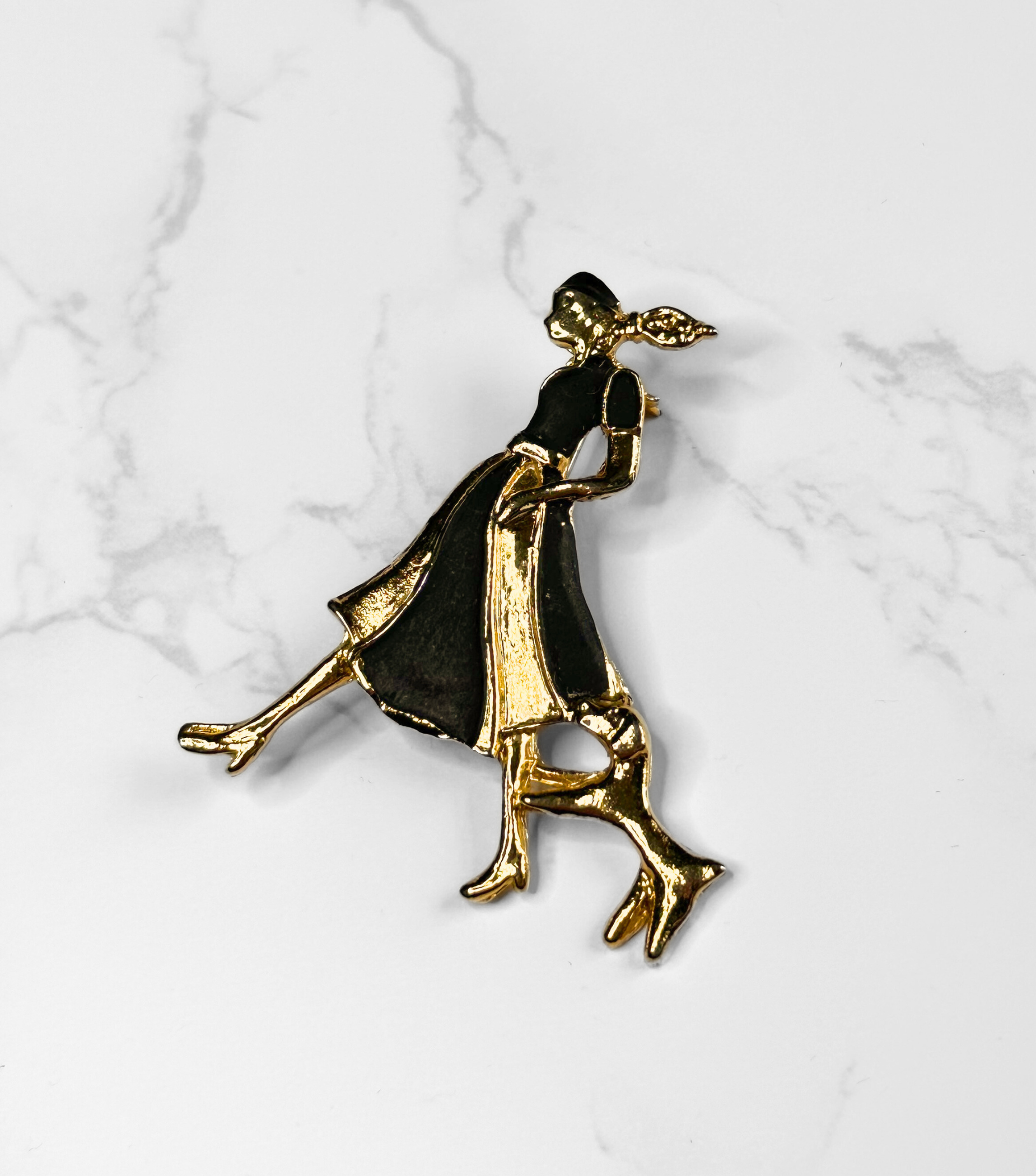 Vintage Novelty Gold Lady & Dog Brooch