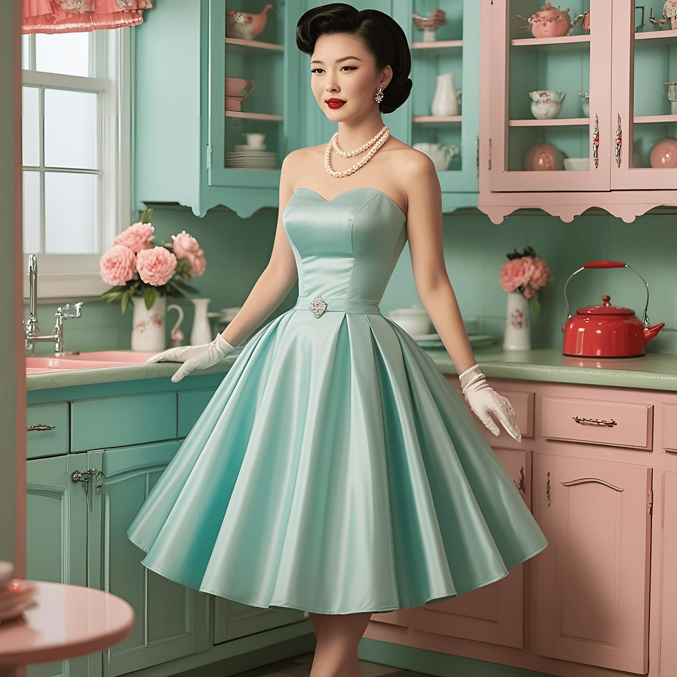 Elegant woman in a teal dress leans on a vintage-style kitchen counter with pastel pink and blue cabinets. Retro ambiance with a red kettle.