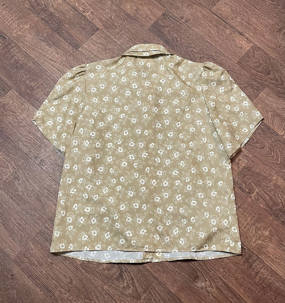 Thumbnail: Vintage Clothing | 1980s Vintage Beige Floral Tie-Neck Blouse Size 14