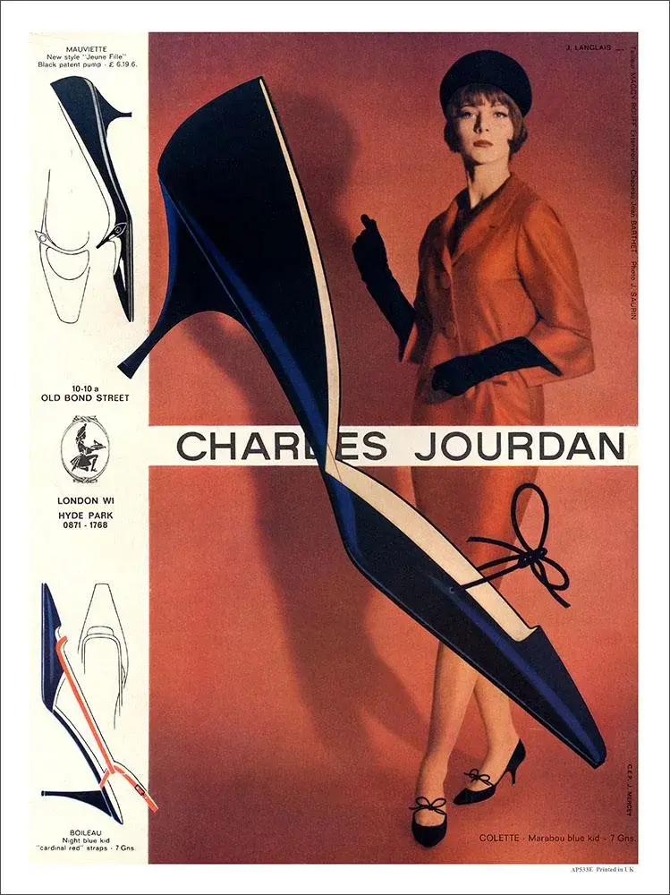 Vintage Charles Jourdan ad with a woman in orange dress and black hat beside a giant black high heel on a red-orange background